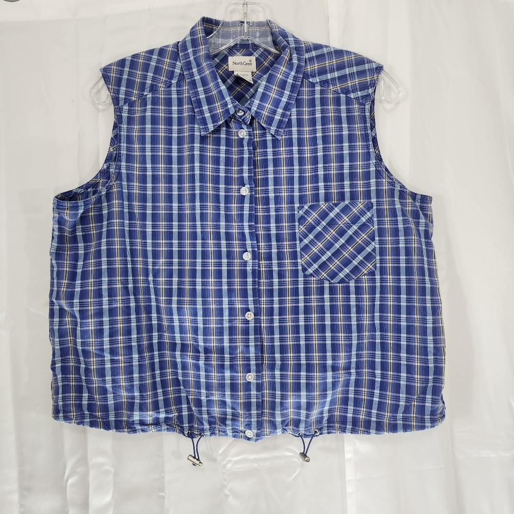 Northcrest Size XL Blue Plaid Sleeveless Shirt